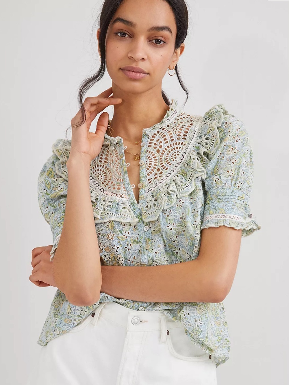 Love the Label Dreamer Blouse Anthropologie Puff Sleeve Lace Cottagecore Large